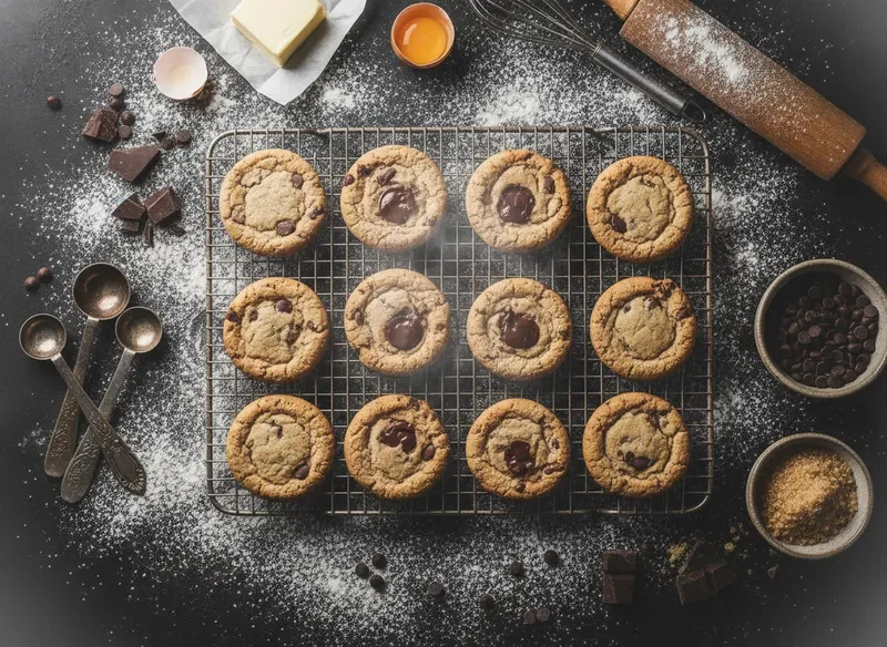 Freshly baked chocolate chip cookies on cooling rack