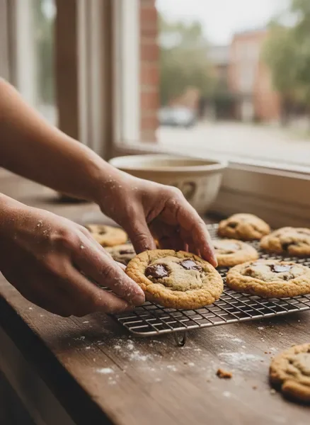 Baker's hands placing a fresh homemade cookie on a cooling rack in a warm Charlotte kitchen