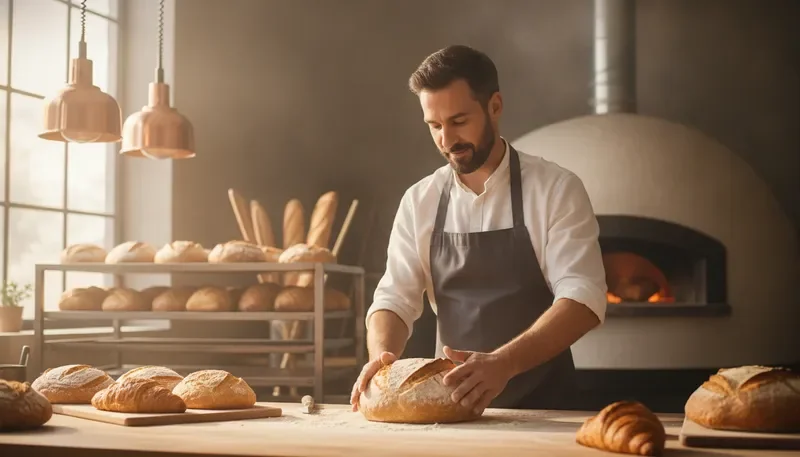 Artisan baker arranging homemade cookies on a flour-dusted counter