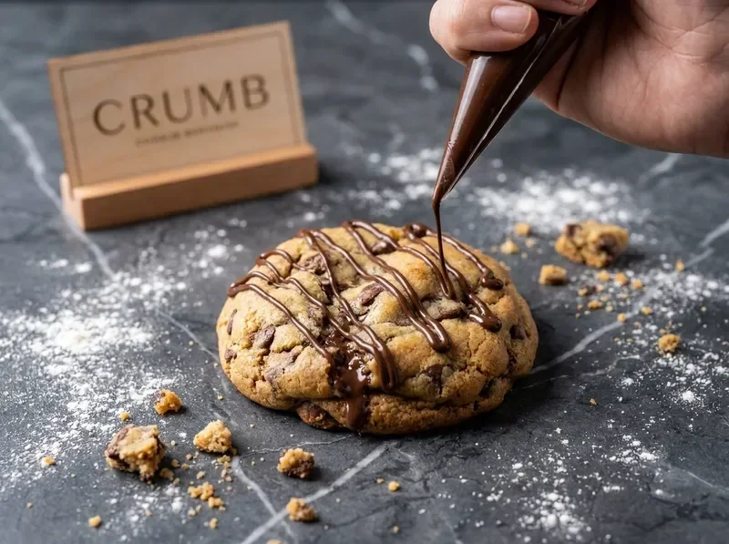 Close-up of artisan cookie decoration with chocolate drizzle