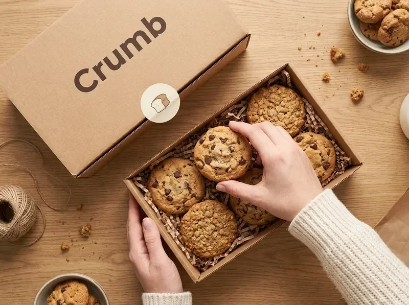 Hands carefully packing homemade cookies into a box
