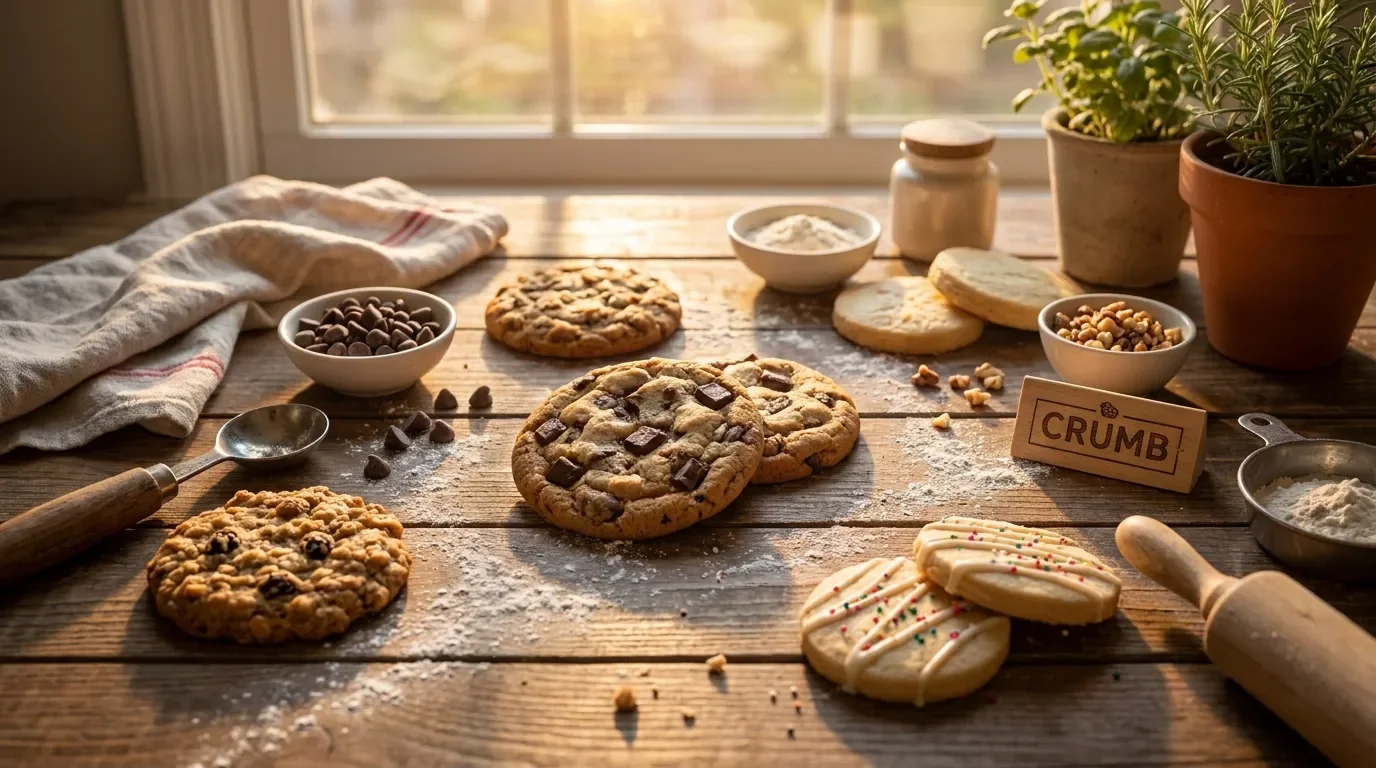 Homemade artisan cookie tablescape with warm natural light
